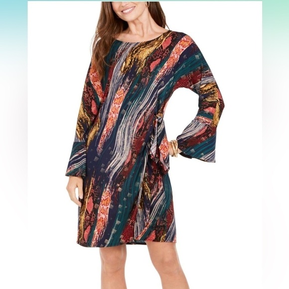 Signature by Robbie Bee Multicolor w Gold Tie Knot Dress Bell Sleeves Si… - Picture 5 of 17